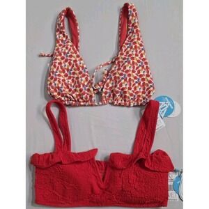 WET Swimwear Bikini Tops Tie Crochet Embroidered Floral‎ Sz L Beach Ruffle Strap